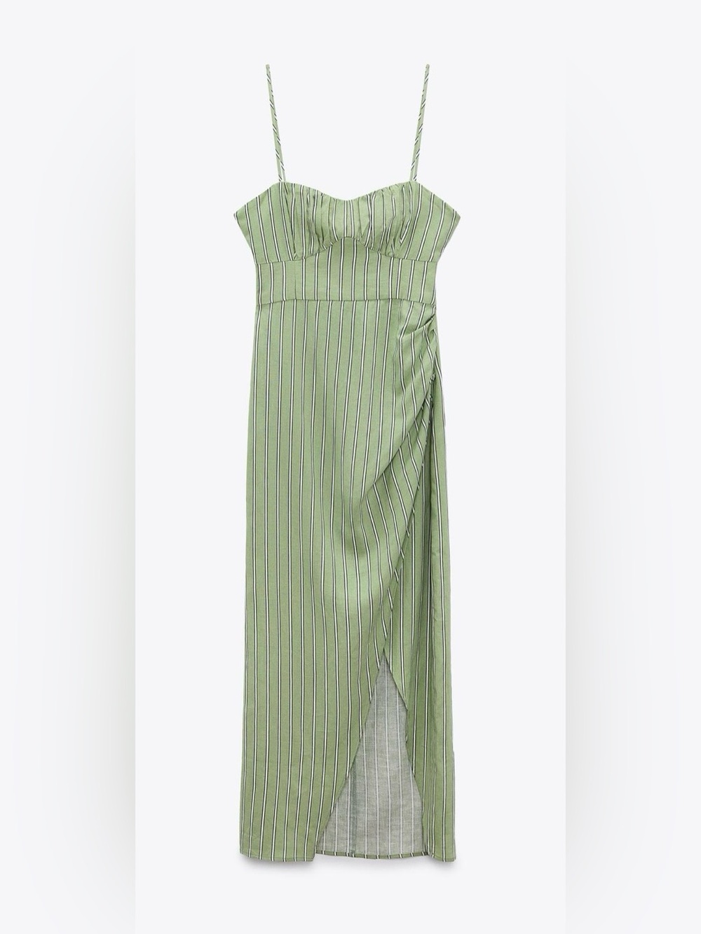 Zara Olive Green Striped linen Midi Dress
